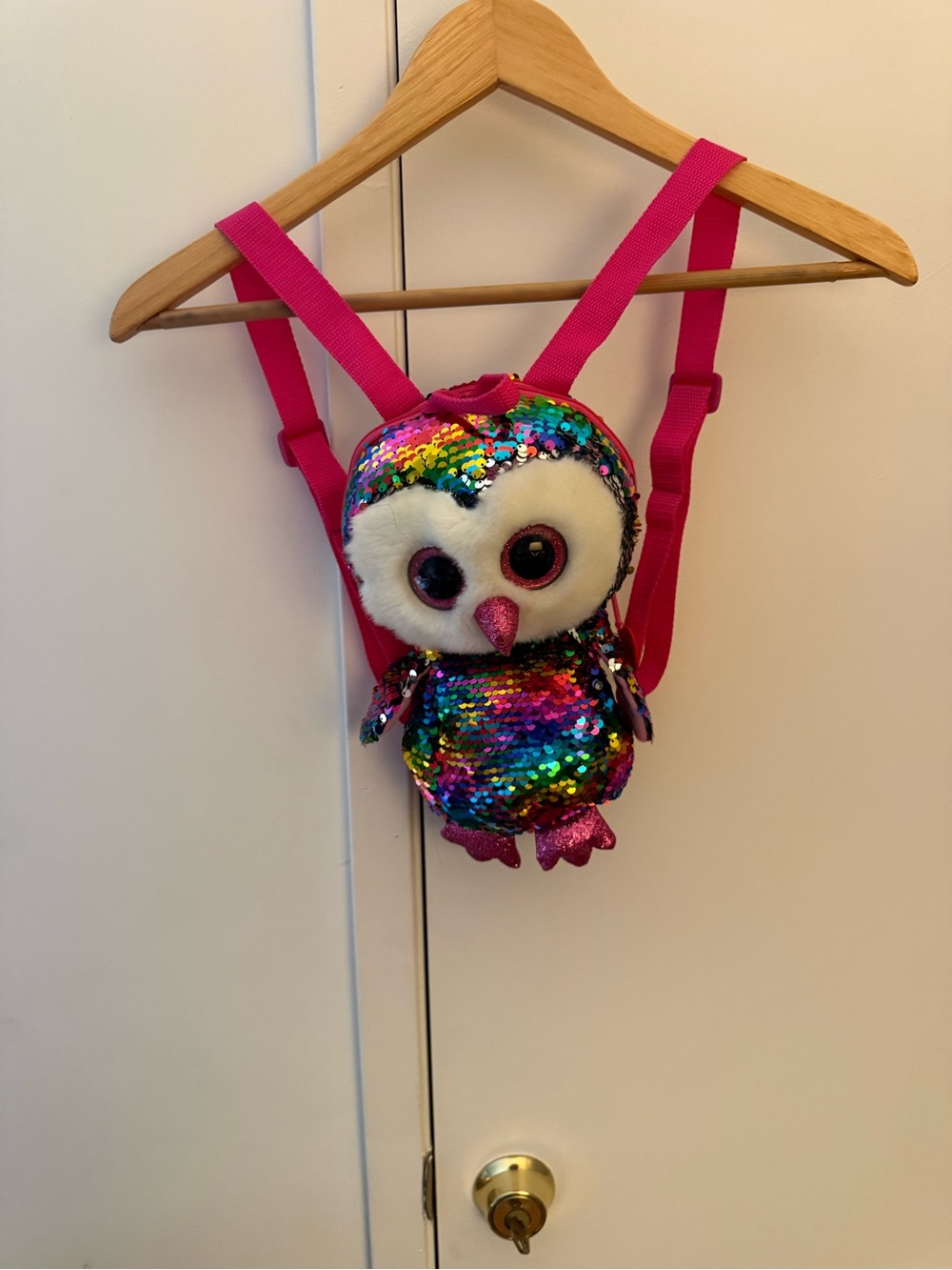 TY Plush Sequin Owl Kids Backpack - Pink Straps, Multicolor Sequins